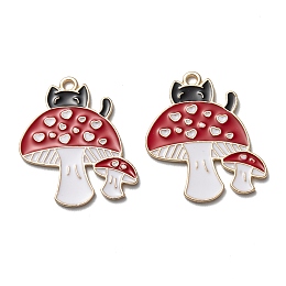 Honeyhandy Autumn Theme Alloy Enamel Pendants, Cadmium Free & Lead Free, Mushroom with Cat, Light Gold, Red, 29.5x26x1.5mm, Hole: 2mm