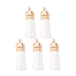 Honeyhandy Faux Suede Tassel Pendant Decorations, with CCB Plastic Cord Ends, Light Gold, White, 33~35x10mm, Hole: 2.5mm