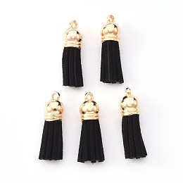 Honeyhandy Faux Suede Tassel Pendant Decorations, with CCB Plastic Cord Ends, Light Gold, Black, 33~35x10mm, Hole: 2.5mm