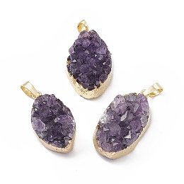 Honeyhandy Natural Amethyst Druzy Pendants, with Rack Plating Brass Findings, Cadmium Free & Lead Free, Oval Links, Light Gold, 27~31x16~18x11~13mm, Hole: 8x5mm