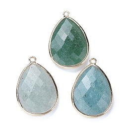 Honeyhandy Faceted Natural Green Aventurine Pendants, with Light Gold Plated Brass Edge and Loop, Teardrop, 28.5~29.5x19~20x7mm, Hole: 1.2mm