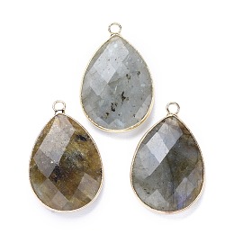 Honeyhandy Faceted Natural Labradorite Pendants, with Light Gold Plated Brass Edge and Loop, Teardrop, 28.5~29.5x19~20x7mm, Hole: 1.2mm