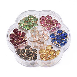 K9 Glass Charms, with Brass Findings, Flat Round, Faceted, Mixed Color, Light Gold, 11.5x8.5x4mm, Hole: 1.8mm