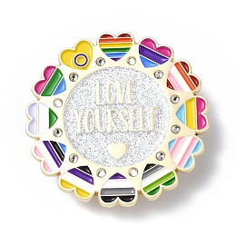 Honeyhandy Rainbow Color Pride Heart Enamel Pin with Rhinestone, Light Gold Alloy Word Love Yourself Brooch for Backpack Clothes, Colorful, 45.5x1.5mm