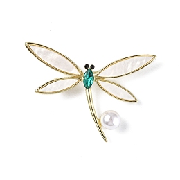 Honeyhandy Rhinestonoe Dragonfly with Plastic Imitation Pearl Brooch Pin, Light Gold Alloy Badge for Backpack Clothes , Erinite, 45x50x9mm