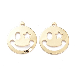 Honeyhandy Brass Pendants, Long-Lasting Plated, Flat Round & Smiling Face & Star, Real 14K Gold Plated, 19.5x17x1mm, Hole: 1.5mm