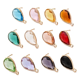 Honeyhandy Brass Stud Earring Findings, with Glass and 304 Stainless Steel Pins & Horizontal Loops, Light Glod, Teardrop, Mixed Color, 18~18.5x10.5x4~4.5mm, Hole: 1.8mm, Pin: 0.8mm