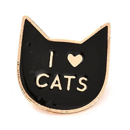 Honeyhandy Alloy Enamel Brooches, Enamel Pin, with Butterfly Clutches, Cat with Word I Love Cat, Light Gold, Black, 29x27.5x10mm