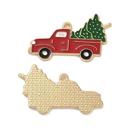 Honeyhandy Christmas Theme Rack Plating Alloy Enamel Pendants, Light Gold Tone Trucks with Christmas Tree Charms, Red, 21.5x35.5x1.5mm, Hole: 1.7mm