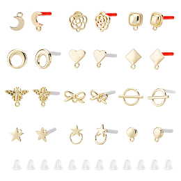 PandaHall Elite 48Pcs Heart & Star & Moon & Geometry Alloy Stud Earring Findings, with Loop, Steel Pin and Plastic Ear Nuts, Light Gold, 4pcs/style