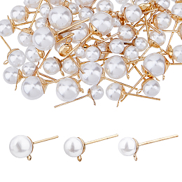 SUPERFINDINGS 84Pcs 3 Size 304 Stainless Steel Stud Earring Findings, with Acrylic Imitation Pearl Beads & Horizontal Loops, 90Pcs Plastic Ear Nuts, Light Gold, 17~19.5x6.5~9mm, Hole: 0.8~1mm, 28Pcs/size