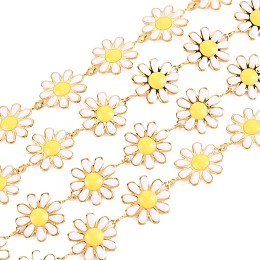 Honeyhandy 304 Stainless Steel Sunflower Link Chains, with Enamel, Real 18K Gold Plated, Soldered, White, 13x10x1mm, about 3.28 Feet(1m)/Strand