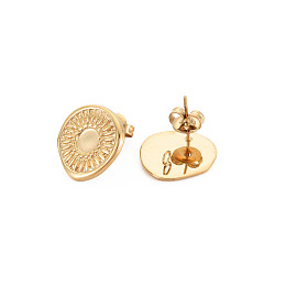 Honeyhandy Ion Plating(IP) 304 Stainless Steel Stud Earring Findings, Earring Setting for Enamel, with Ear Nuts and Loop, Oval with Sun, Real 14K Gold Plated, 15.5x15.5mm, Hole: 2mm, Pin: 0.7mm, Tray: 5mm