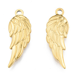 Honeyhandy Ion Plating(IP) 201 Stainless Steel Pendants, Wing, Real 18K Gold Plated, 30.5x11x2.5mm, Hole: 2mm