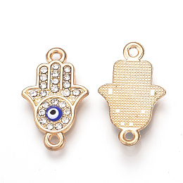 Honeyhandy Alloy Rhinestone Links connectors, Enamel Style, Hamsa Hand/Hand of Fatima/Hand of Miriam with Evil Eye, Blue, Light Gold, 24x14.5x3mm, Hole: 1.5mm