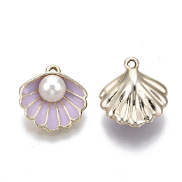 Honeyhandy Alloy Pendants, with ABS Plastic Imitation Pearl & Enamel, Shell with Pearl, Light Gold, Plum, 16x15x7mm, Hole: 1.5mm