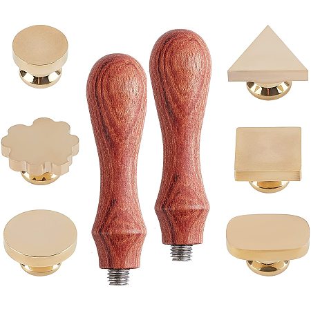 CRASPIRE 6 Shapes Blank Wax Seal Stamp Head Kit Sealing Wax Stamp Set 6pcs Solid Brass Head Without Engraving + 2pcs Wooden Handles for Wedding Invitations Envelopes Gift Card Wine Bottle Packing