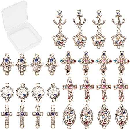 SUNNYCLUE 1 Box 32Pcs 8 Styles Evil Eye Connectors Golden Plated Rhinestone Cross Oval Hamsa Hand Flat Round Tree of Life Links Charms Lucky Chakra Pendants for Jewelry Making Charms Bracelets Crafts
