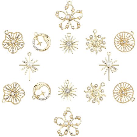 SUNNYCLUE 1 Box 14Pcs 7 Styles Alloy Rhinestone Pendants Cubic Zirconia Charms Crystal Flower Chandelier Component Gold Decoration for DIY Earring Necklace Jewelry Making Findings Gifts