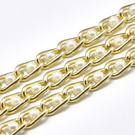 ARRICRAFT Aluminium Curb Chains, with ABS Plastic Imitation Pearl, with Spool, Unwelded, Light Gold, 12x6x2mm, Bead: 4mm, about 16.4 Feet(5m)/roll