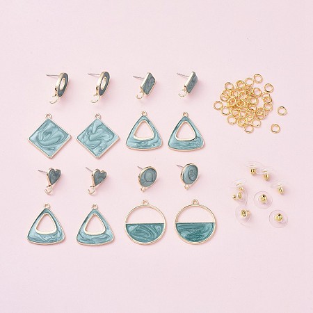 NBEADS DIY Earring Making, with Alloy Enamel Stud Earring Findings, with Steel Pin, Alloy Enamel Pendants and Brass Ear Nut, Flat Round & Rhombus & Triangle, Light Gold,  Ear Nut: Pin: 0.7mm; 8pcs/set