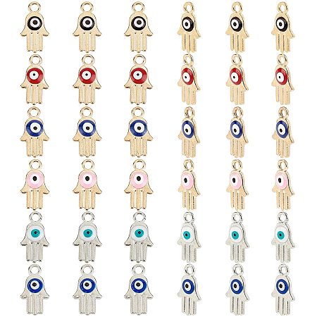 SUPERFINDINGS About 120pcs 6 Color 0.57x0.31inch Alloy Enamel Evil Eye Charms Hamsa Hand Eye Pendant Bead Hand of Fatima with Evil Eye Charms Miriam Symbol Hand for DIY Jewelry Craft Making