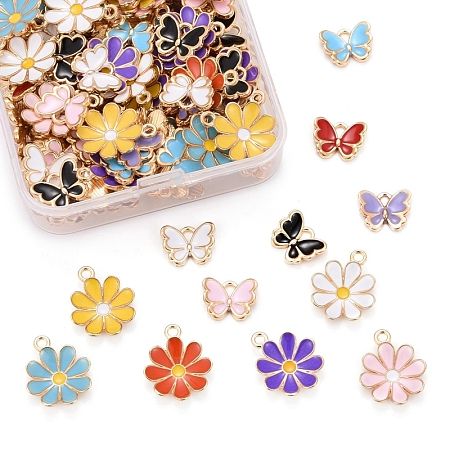 Honeyhandy 120Pcs 12 Styles Alloy Enamel Pendants, Flower & Butterfly, Light Gold, 10pcs/styles