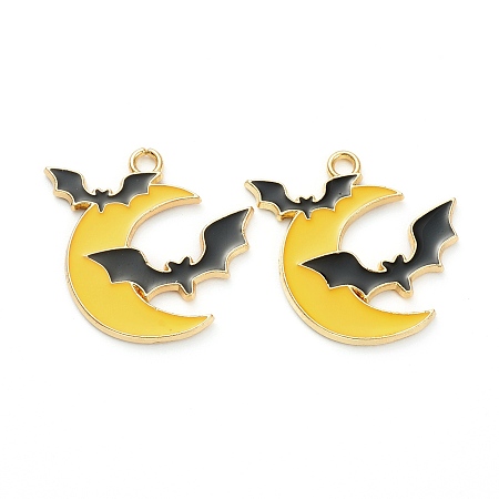 Honeyhandy Alloy Enamel Pendants, Jewelry Accessory, Halloween Theme, Light Gold, Moon with Bat, Yellow, 25x25x1.5mm, Hole: 2mm