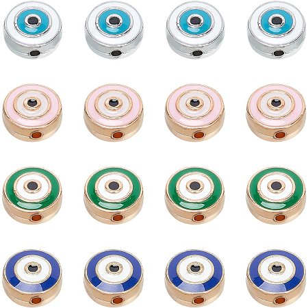 NBEADS 64 Pcs Enamel Evil Eye Beads, 4 Colors Alloy Enamel Beads Flat Round Evil Eye Charms Spacer Beads for Jewelry Making DIY Necklace Bracelet Earring Crafts