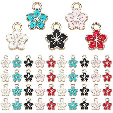 Pandahall Elite 70pcs 5 Colors Enamel Pendants Gold Cherry Blossoms Flower Enamel Charms Alloy Pendants for Necklace Earring Jewelry Making DIY Crafting Supplies