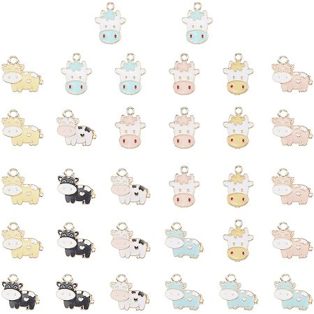 SUNNYCLUE 1 Box 32Pcs 2 Styles Cow Charms Enamel Animal Pendants Dairy Cow Head Shape Flatback Light Gold Plated Colorful Alloy Charms for DIY Jewelry Bracelet Crafts Making Supplies, 5 Colors