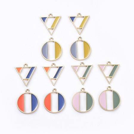 Alloy Pendants, with Enamel, Triangle and Flat Round, Light Gold, Mixed Color, 24.5x23x2mm, Hole: 2mm; 26x23x1.8mm, Hole: 2mm; 12pcs/set