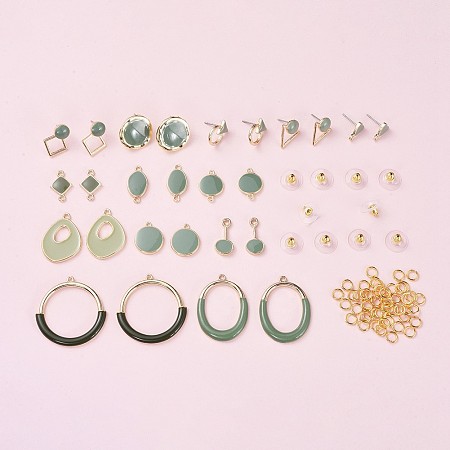 NBEADS Alloy Stud Earring & Link & Pendant Findings, with Enamel, Mixed Shapes, DarkGreen, Light Gold, Pin: 0.7mm