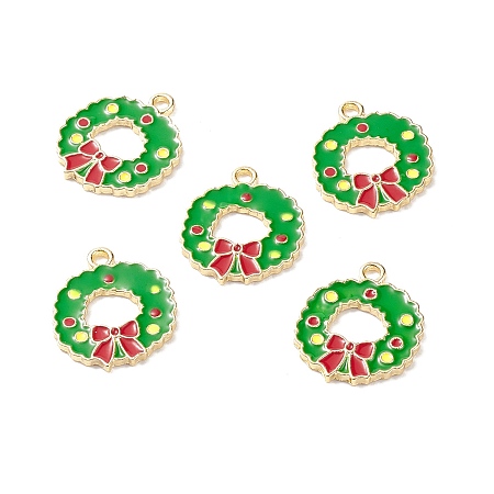 (Defective Closeout Sale: Bubble) Christmas Theme, Alloy Enamel Pendants, Light Gold, Wreath, Green, 20x17x1.5mm, Hole: 2mm