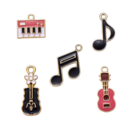 Honeyhandy 30Pcs 5 Style Light Gold Plated Music Theme Alloy Enamel Pendants, Electronic Organ & Eighth note & Sixteenth note & Violin & Guitar Shape, Mixed Color, 30pcs/box