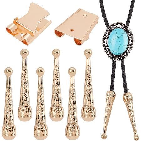 NBEADS 3 Sets Bolo Tie Findings, Bolo Tie Tips Replacement End Caps Kit, Bolo Tie Buckle Accessories with 6 Pcs Alloy Cord End and 3 Pcs Iron Bolo Tie Slide Clasps for Bolo Tie Making, Light Gold