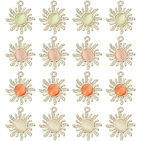 SUNNYCLUE 1 Box 16Pcs 4 Colors Sunflower Charms Sun Pendant Charm Colorful Glass Cabochons Half Round Beads Alloy Gold Plated Flatback for Jewelry Making Bracelet Necklaces Crafts Supplies