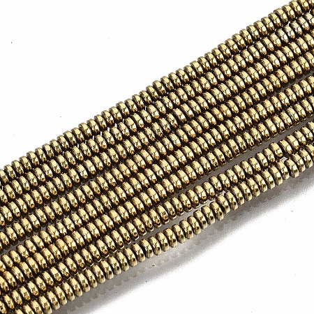 Honeyhandy Electroplate Non-magnetic Synthetic Hematite Beads Strands, Flat Round/Disc, Light Gold Plated, 2x1mm, Hole: 0.8mm, about 450~456pcs/strand, 15.75 inch~15.94 inch(40cm~40.5cm)