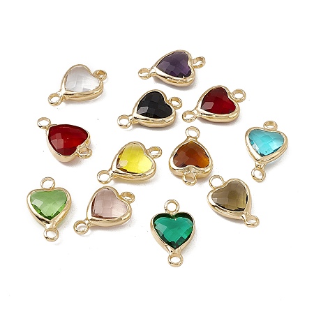 Honeyhandy Transparent K9 Glass Connector Charms, Heart Links, with Light Gold Tone Brass Findings, Mixed Color, 14x8.5x3.7mm, Hole: 1.8mm