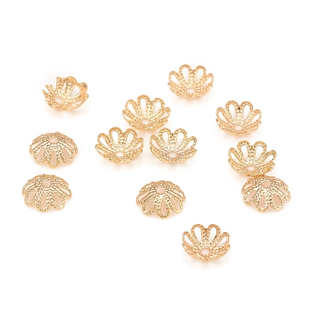 Honeyhandy Brass Fancy Bead Caps, Long-Lasting Plated, Multi-Petal, Flower, Light Gold, 7x2mm, Hole: 1mm