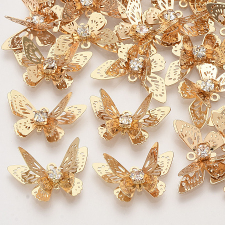 Honeyhandy Brass Filigree Pendants, with Crystal Rhinestone, 3D Butterfly, Light Gold, 12x20x4~7mm, Hole: 1.2mm