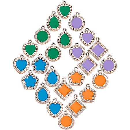 SUNNYCLUE 1 Box 40Pcs 5 Styles Acrylic Charms Pendants Colorful Teardrop Flower Flat Round Rhombus Heart Shape Rhinestone Setting Charms for DIY Bracelets Making Crafts Supplies, 4 Colors