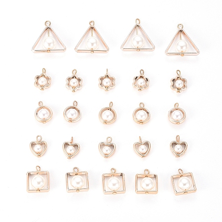 ABS Plastic Imitation Pearl Pendants, with UV Plating Acrylic Findings, Triangle/Square/Ring/Heart/Flower, Light Gold, 25pcs/set