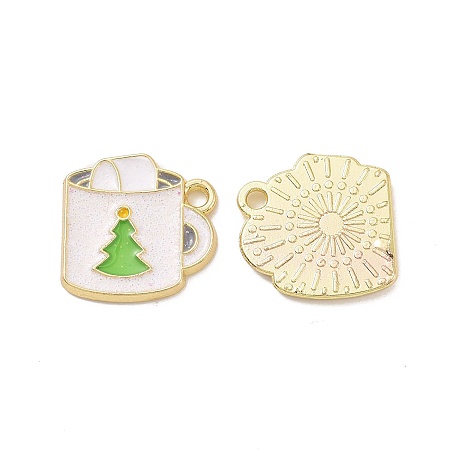 Honeyhandy Christmas Theme Rack Plating Alloy Enamel Charms, with Glitter Powder, Light Gold Tone Cup with Christmas Tree Pattern, Seashell Color, 14.5x14.5x1.5mm, Hole: 1.7mm