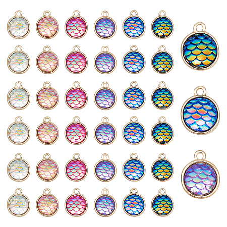 PandaHall Elite 36Pcs 6 Colors Light Gold Alloy Resin Charms, Flat Round with Mermaid Fish Scale Shaped, Mixed Color, 15x12x4mm, Hole: 1.8mm, 6pcs/color