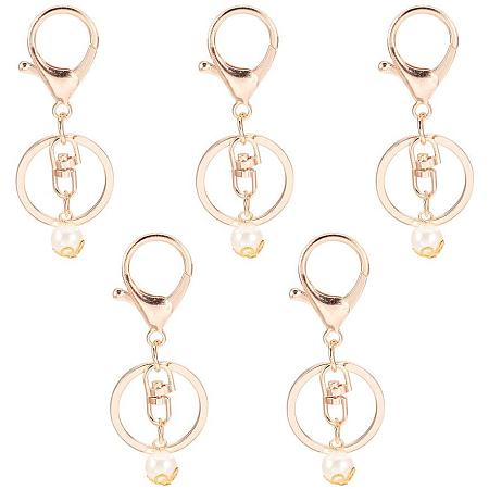 PandaHall Elite 15pcs Lobster Clasp Keychain Snap Hook Key Chain Rings Hook  Lanyard with Decor Imitation Pearl for Keychain DIY Bags, Light Gold 