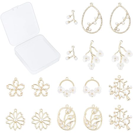 SUNNYCLUE 1 Box 16Pcs 8 Styles Pearl Charms Gold Filigree Hollow Flower Pendants Alloy Teardrop Branches Oval Ring Shape for Necklaces Earrings Bracelets DIY Crafts Making Supplies