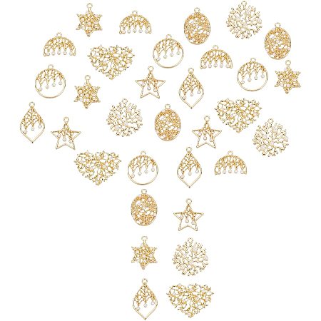 SUNNYCLUE 1 Box 32Pcs 8 Styles Pearl Charms Gold Filigree Heart Pendants Alloy Pearl Flat Round Comb Star Leaf Oval Shape for Necklaces Earrings Bracelets DIY Crafts Making Supplies