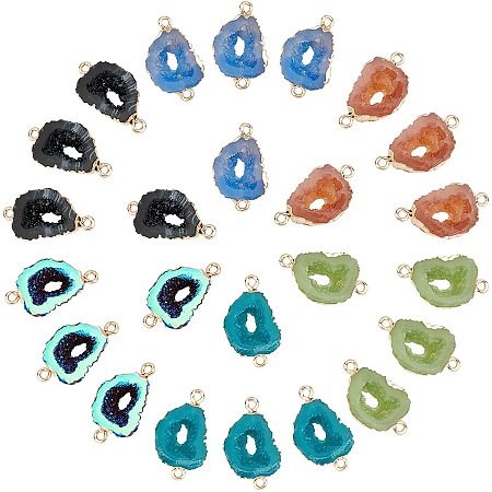SUPERFINDINGS 24pcs 6 Colors About 26x16x7mm Irregular Electroplate Druzy Resin Connectors Light Gold Pendant Links Nuggets Charms in Bulk with Two 1mm Iron Loops for Jewelry Making