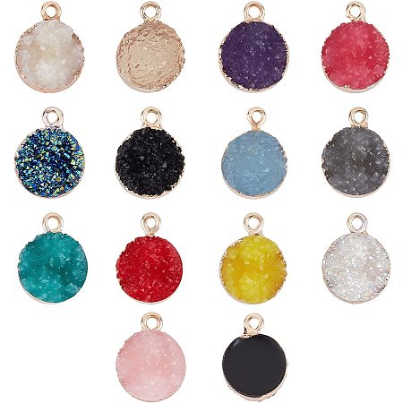 SUPERFINDINGS 28pcs Electroplate Druzy Resin Pendants Flat Round Links Charms 14 Colors Shinny ResinCharms with 1mm Hole with Light Gold Iron Findings for Necklace Jewelry Making